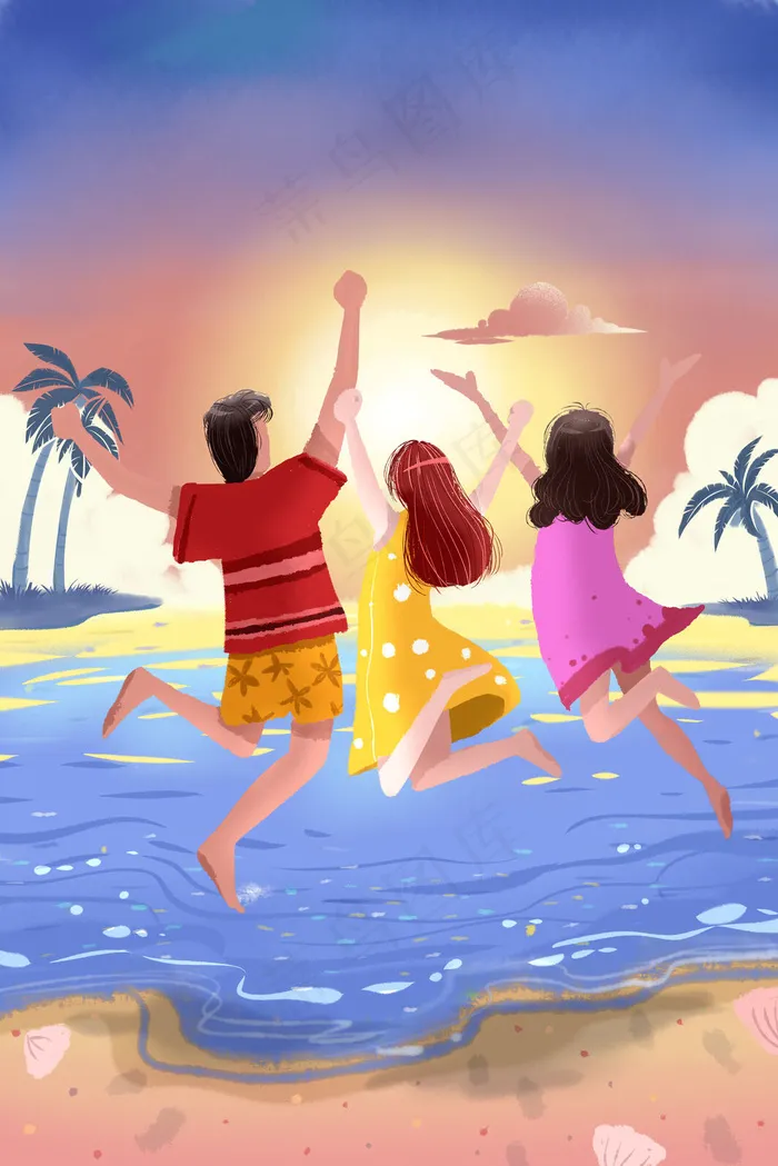 蓝色系手绘风夏景夕阳海边配图(3545*5315px 300 dpi )psd模版下载