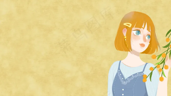黄色系暖色调文艺短发少女与花配图(2880X1620(DPI:299))psd模版下载