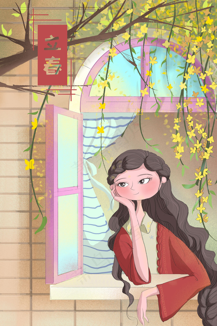 春天窗外的景色美丽的迎春花(3545X5315(DPI:300))psd模版下载