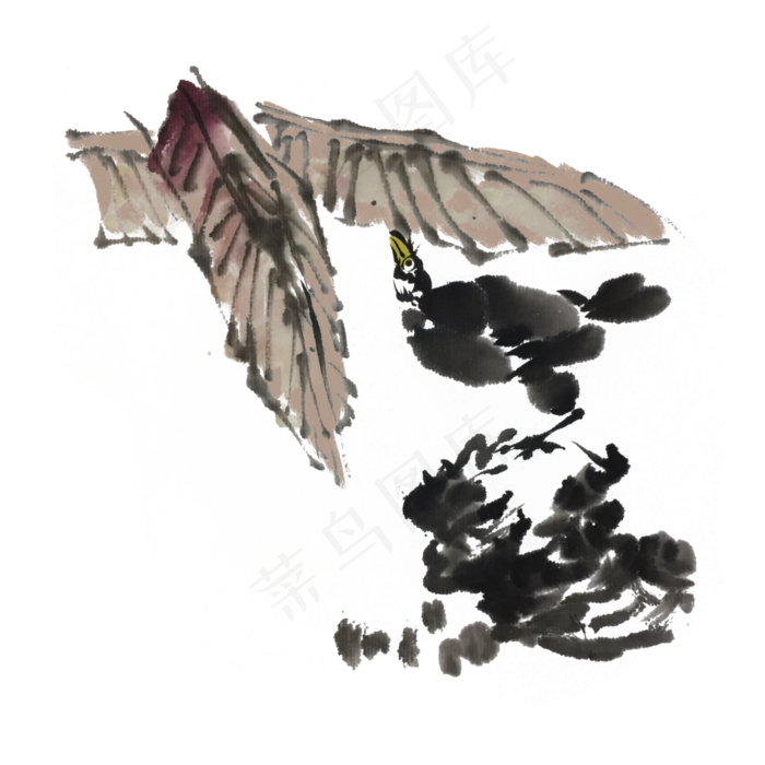 水墨花鸟手绘插画,免抠元素