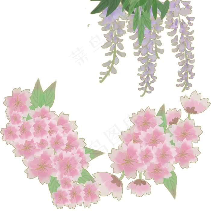 手绘水彩风樱花和紫藤花