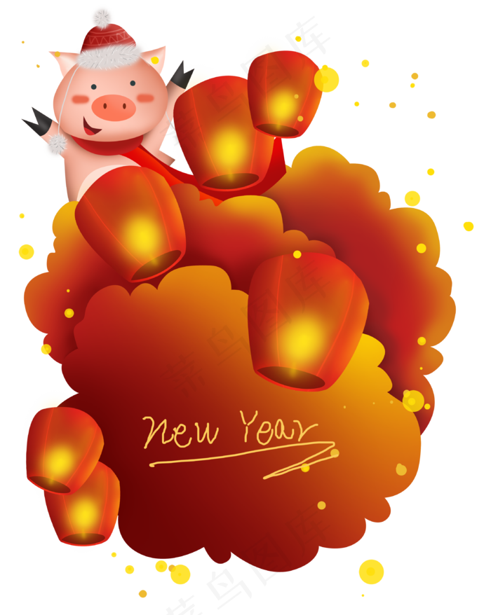 2019猪年孔明灯云朵文字框,免抠元素
