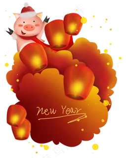 2019猪年孔明灯云朵文字框,免抠元素