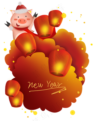 2019猪年孔明灯云朵文字框,免抠元素