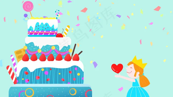 蓝色系卡通手绘风生日女孩千层蛋糕配图(2880*1620px 300 dpi )psd模版下载