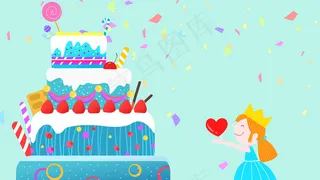 蓝色系卡通手绘风生日女孩千层蛋糕配图