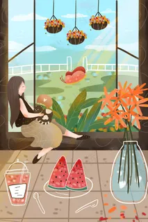 夏天卡通创意立夏女孩坐在窗边看风景配图 夏天卡通创意立夏女孩坐在窗边看风景配图