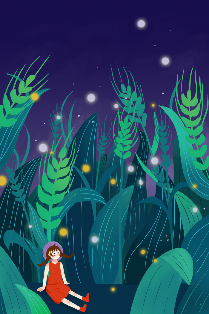 24节气小满少女植物创意卡通插画