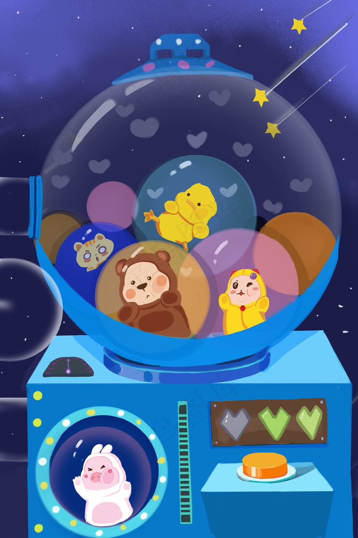 促销游戏娃娃机互动游戏扭蛋机卡通插画