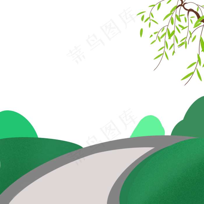 手绘春天场景柳树踏春