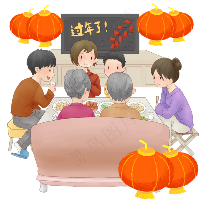 2020鼠年除夕过年灯笼合家团圆聊�,免抠元素