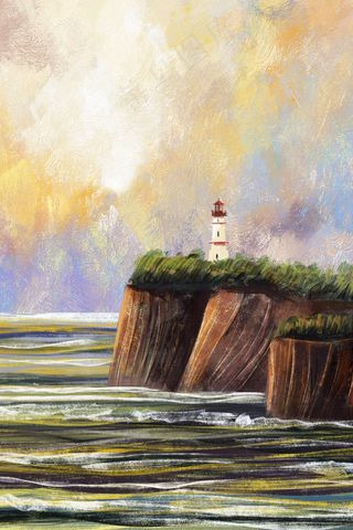 夏日大暑夕阳海边油画风景