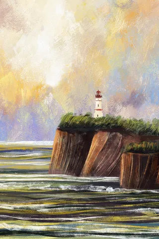 夏日大暑夕阳海边油画风景