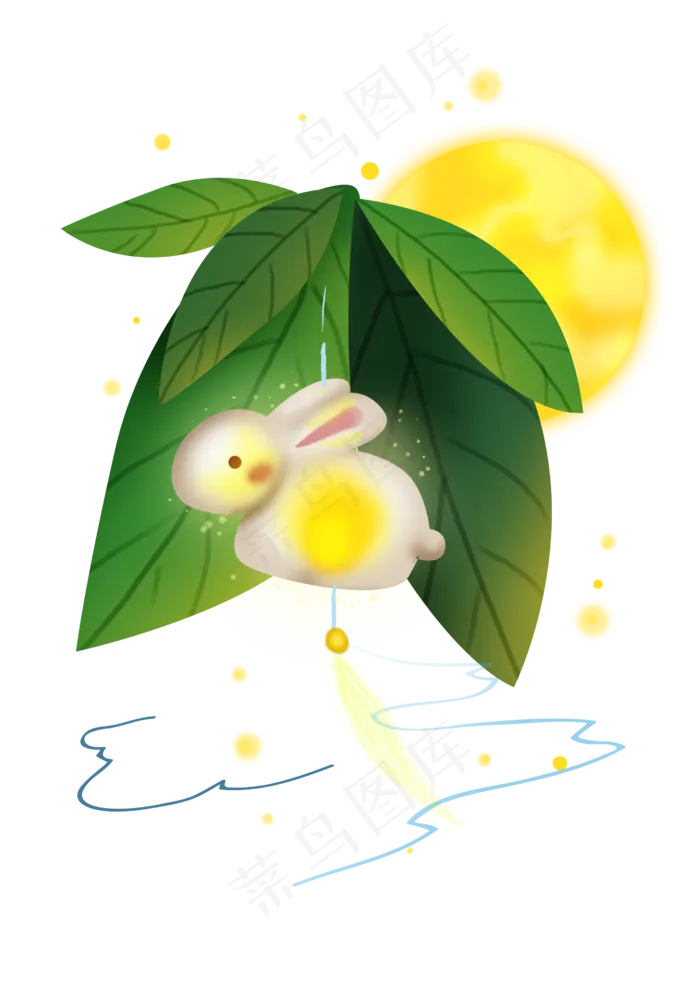 中秋节叶子下的兔子灯和月亮,免抠元素(2480X3508(DPI:300))psd模版下载