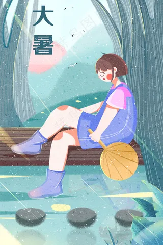 夏日节气大暑天气河边睡觉的女孩