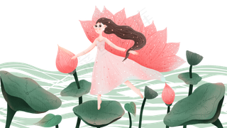 手绘女孩与荷花荷叶