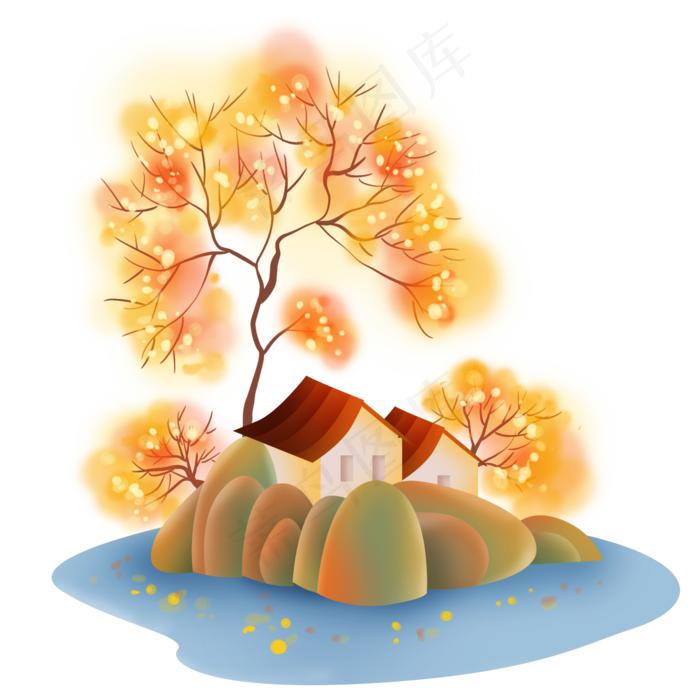 秋季水边的房子和树木