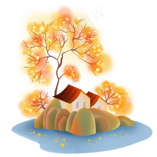 秋季水边的房子和树木