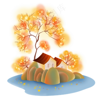 秋季水边的房子和树木