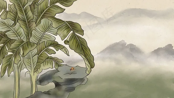 国画工笔芭蕉树和山石