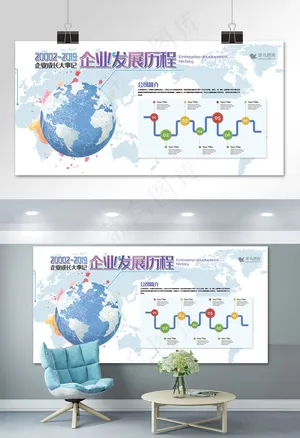 文化墙蓝色简约风企业发展历程展板