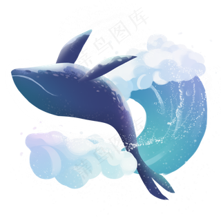 梦幻动物蓝色水花和鲸鱼,免抠元素