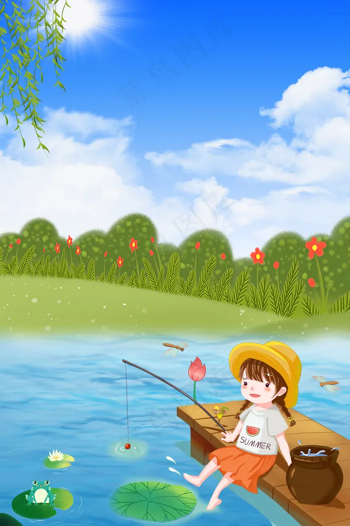 夏季河边钓鱼的小女孩(3545*5315px 	      )psd模版下载