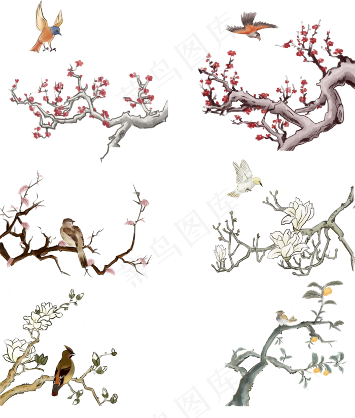 中国风古典手绘花鸟矢量图,免抠元素