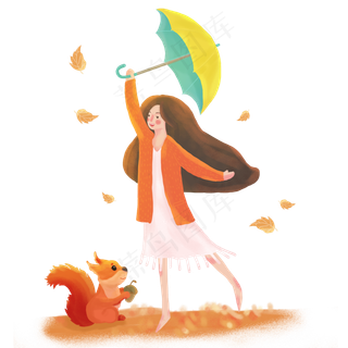 秋天红衣长发姑娘扬伞嬉戏落叶温,免抠元素