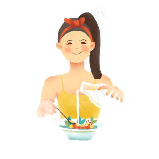 牛奶水果沙拉吃早点的卡通女孩元