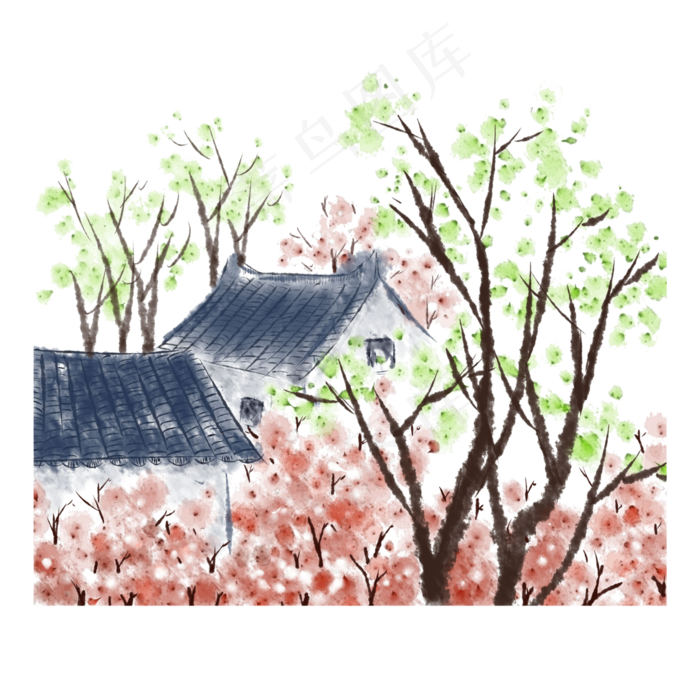 春天桃花村庄水果国画