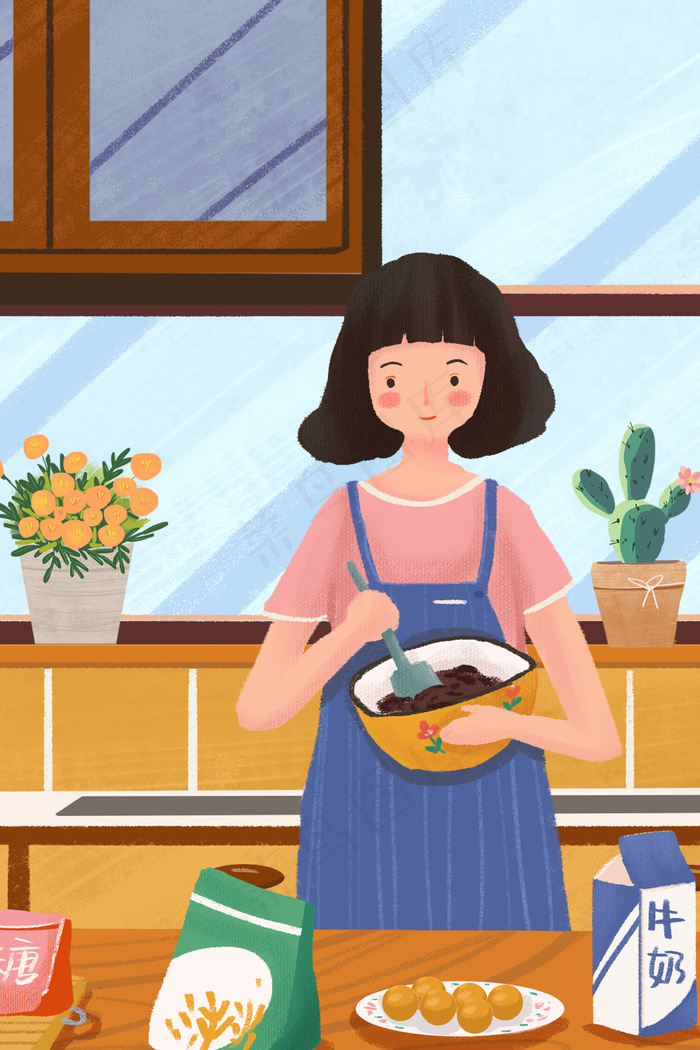 女孩厨房准备做月饼材料场景(3545*5315px 300 dpi )psd模版下载