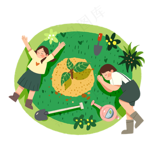 植树节小姑娘种树卡通人物手绘插,免抠元素