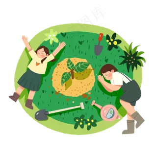 植树节小姑娘种树卡通人物手绘插,免抠元素