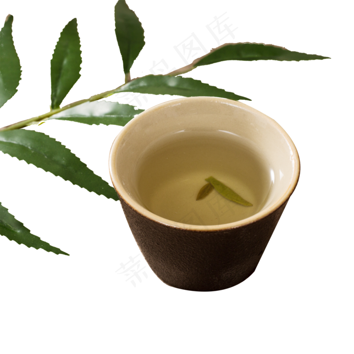 绿色枝叶和茶杯免抠图