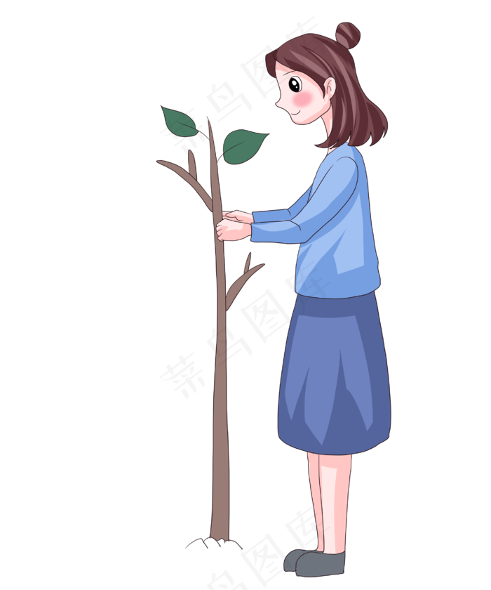 手绘女孩栽树插画