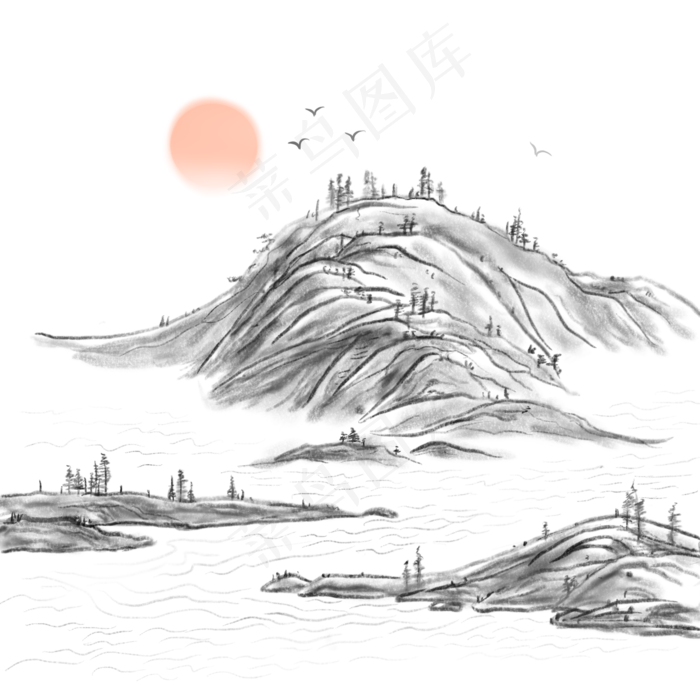 中国风水墨山水风景手绘