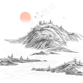 中国风水墨山水风景手绘
