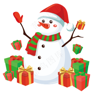圣诞雪人和礼物堆,免抠元素