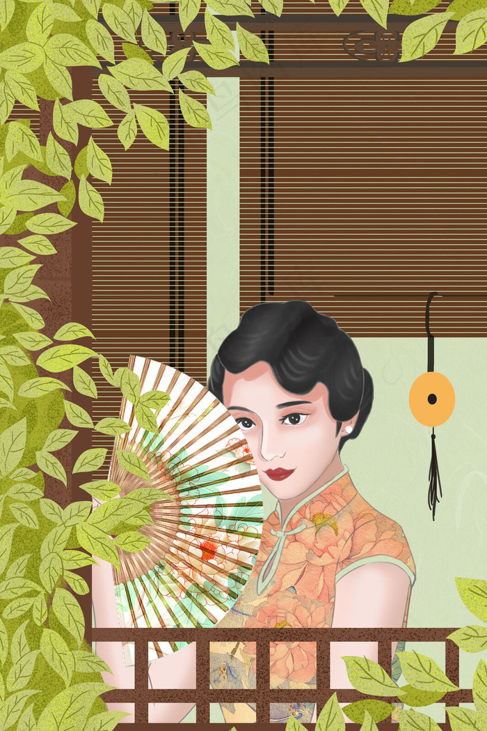 治愈民国复古风少女旗袍光影植物古建筑唯美(3545*5315px 300 dpi )psd模版下载