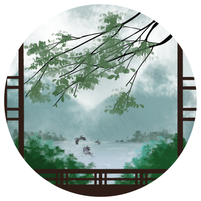 惊蛰节气青绿水墨中国风免扣素材,免抠元素(2000X2000(DPI:300))psd模版下载