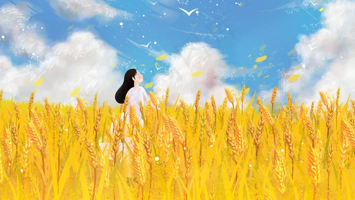 夏景小满治愈手绘唯美夏天春天少女场景风景