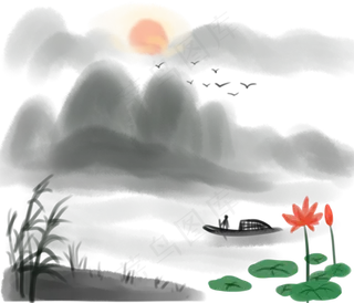 水墨荷花山水画