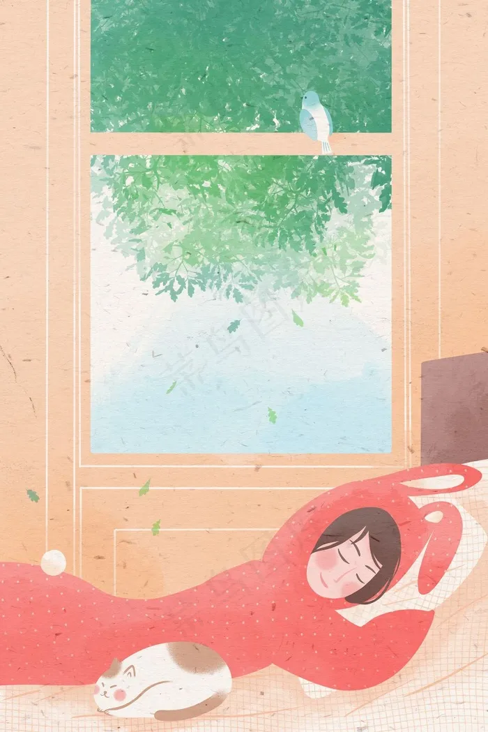 春日女孩和猫咪窗前困觉(3545X5315(DPI:300))psd模版下载