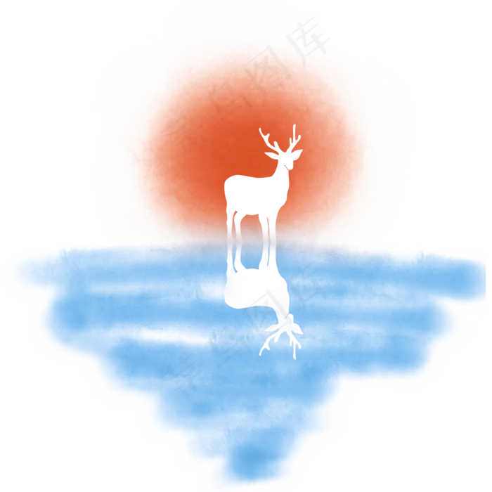 中国风水彩蓝色红点太阳鹿的倒影(2000X2000(DPI:72))psd模版下载