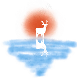 中国风水彩蓝色红点太阳鹿的倒影