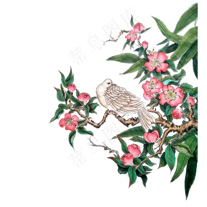 红花桃花绿叶白鸽水墨国画PNG春天,免抠元素(4000X4000(DPI:300))psd模版下载