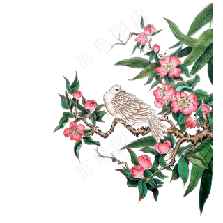 红花桃花绿叶白鸽水墨国画PNG春天,免抠元素