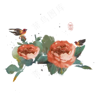 水墨花鸟鲜花鸟儿素材,免抠元素