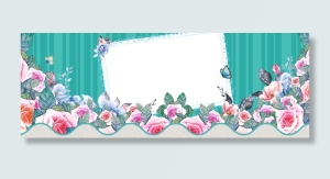 春天手绘玫瑰花朵梦幻条纹蓝色banner